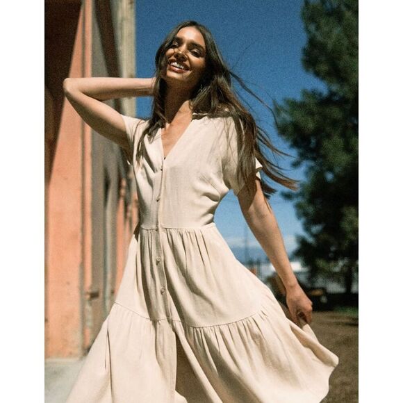 Cupshe Beige Button Front Linen Blend Dress Size Small New - Picture 1 of 5